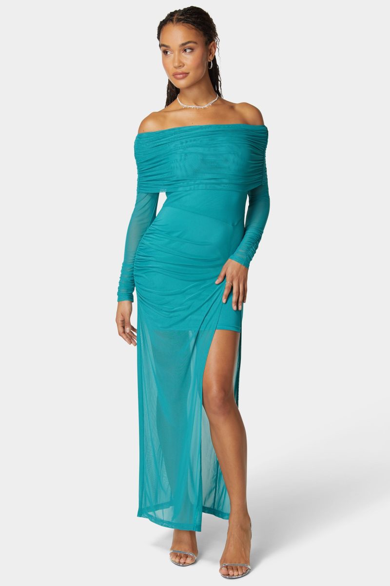 Off Shoulder Asymmetrical Mesh Gown