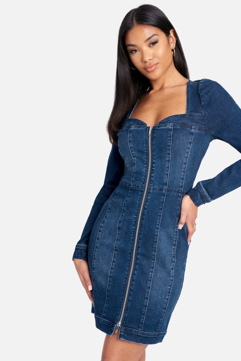 Long Sleeve Zip Front Bustier Denim Dress