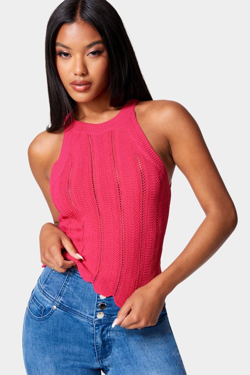 Scallop Hem Pointelle Sweater Halter Top