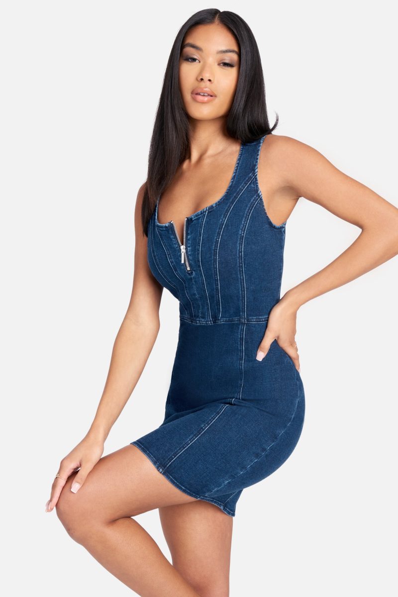 Multi Seam Zip Front Denim Dress