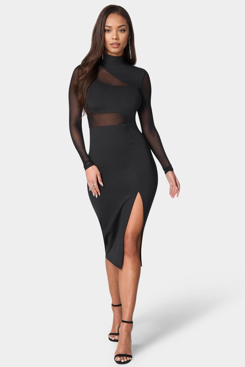 Mesh Inset Long Sleeve Midi Dress