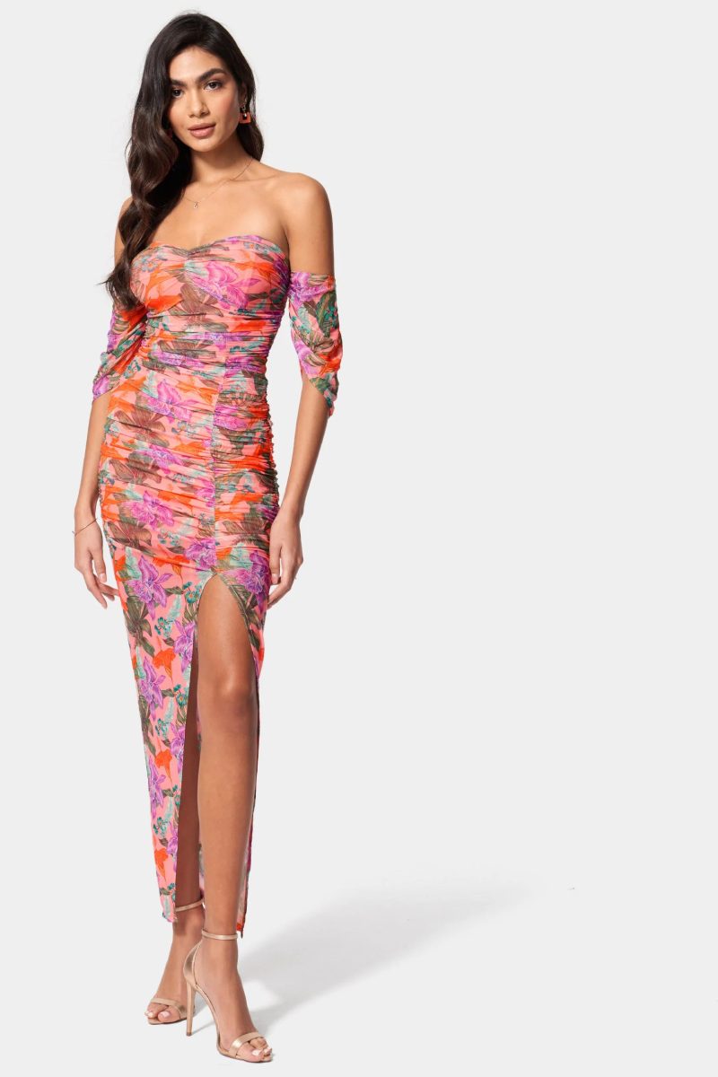 Printed Off Shoulder Mesh Gown