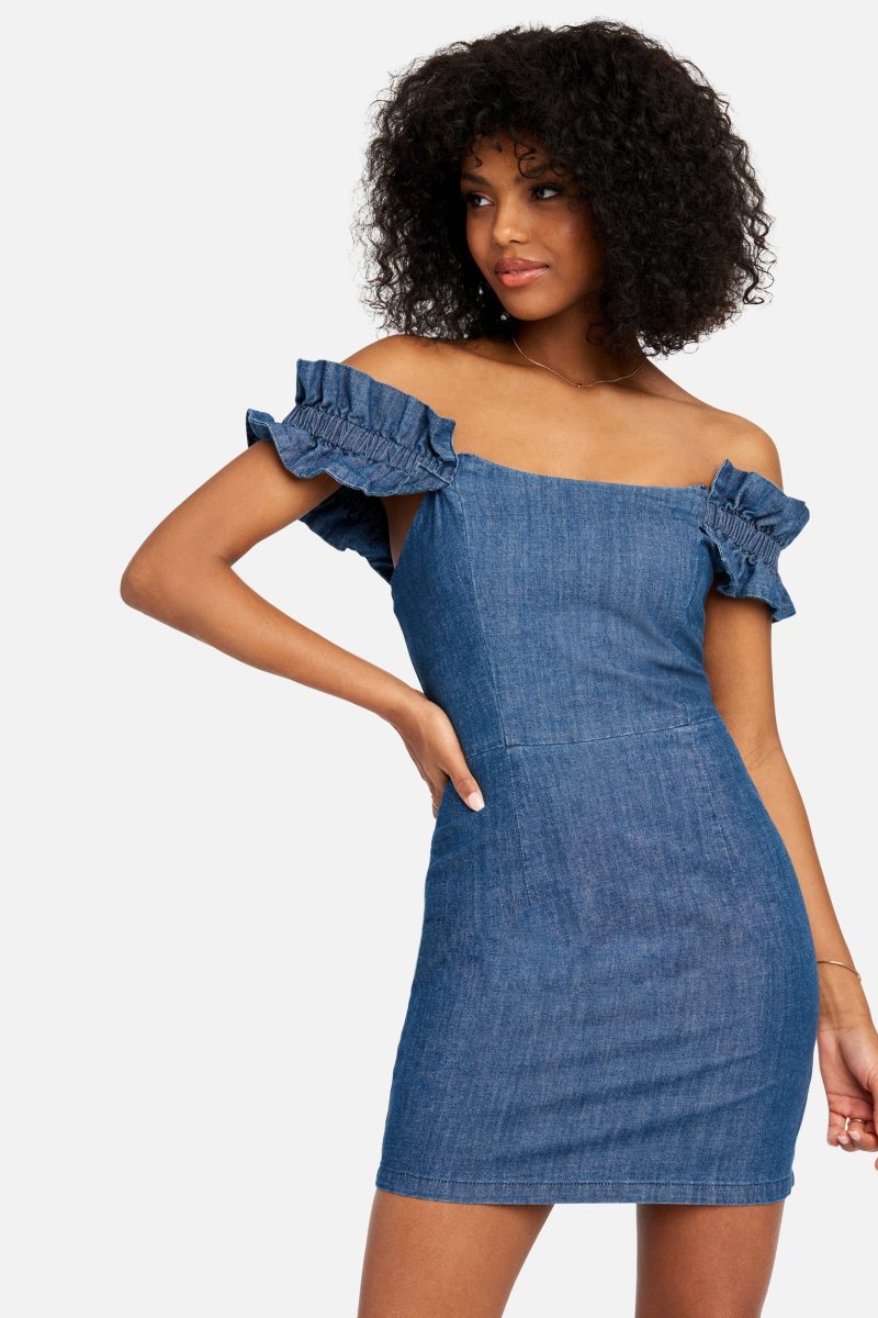 Off Shoulder Ruffle Detail Denim Dress