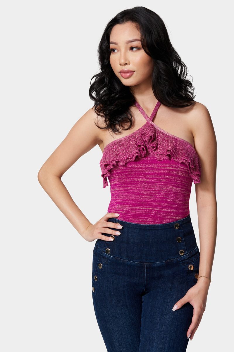 Halter Lurex Sweater Ruffle Top