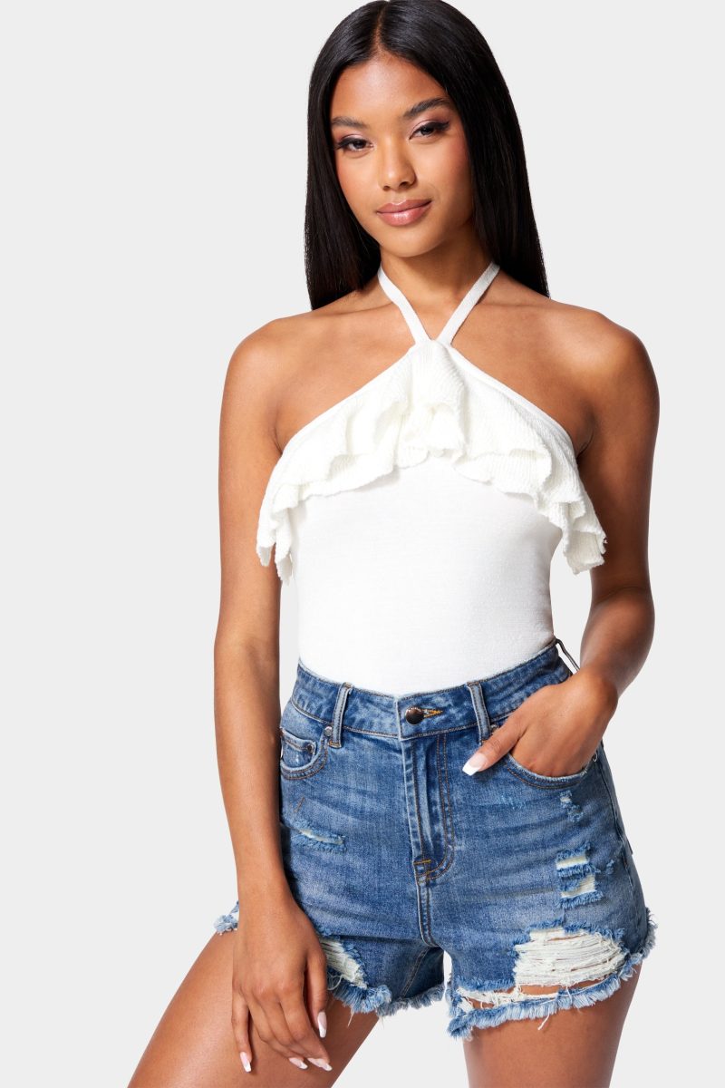 Halter Lurex Sweater Ruffle Top