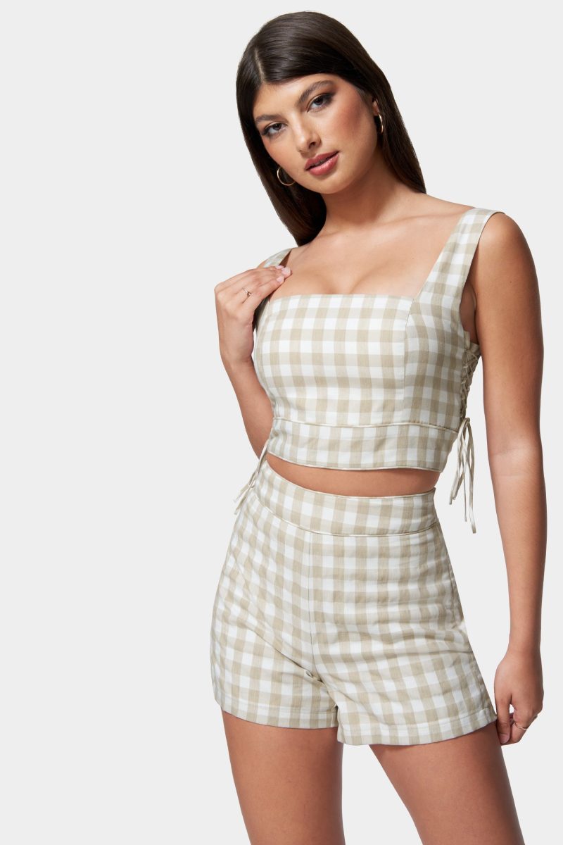 Gingham Cropped Lace Up Detail Top