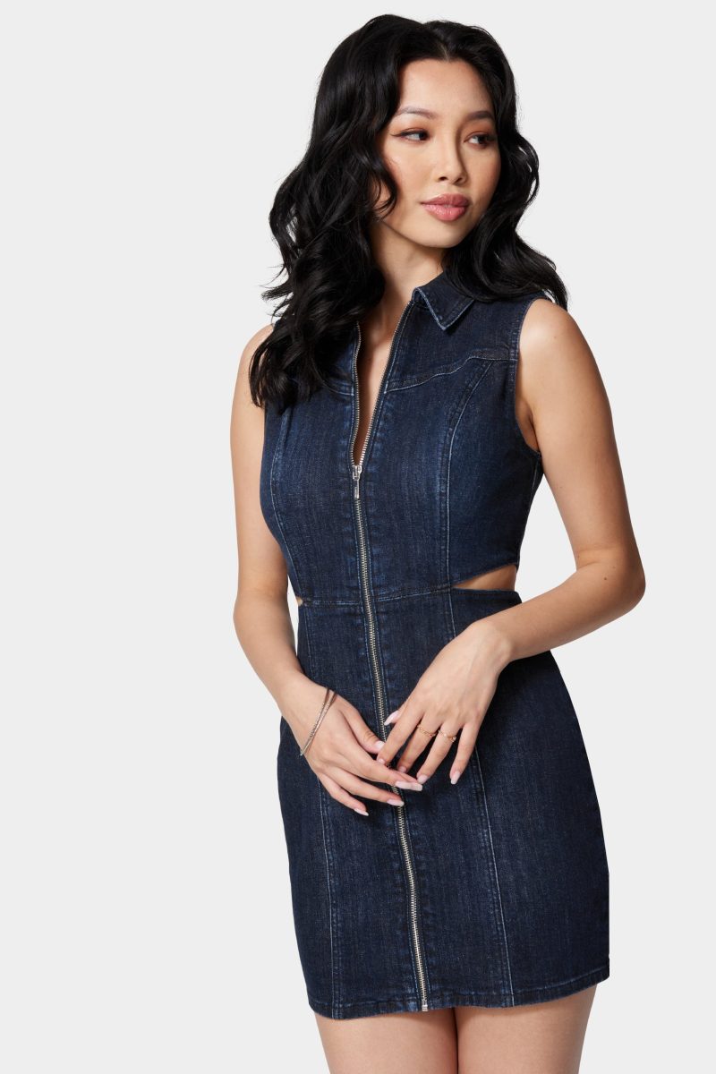 Front Zip Side Cut Out Denim Dress