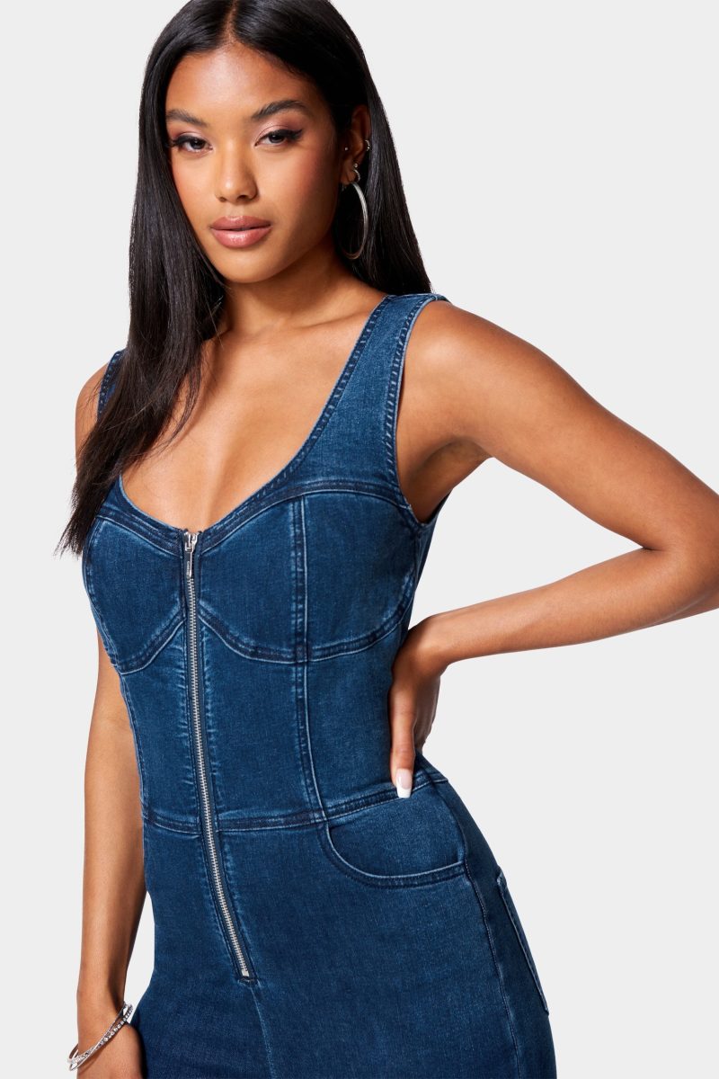Skinny Leg Front Zip Denim Jumpsuit