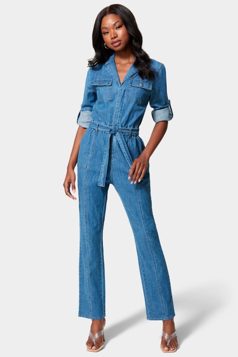Lightweight Denim Cargo Style Straight Leg Jumpsuit