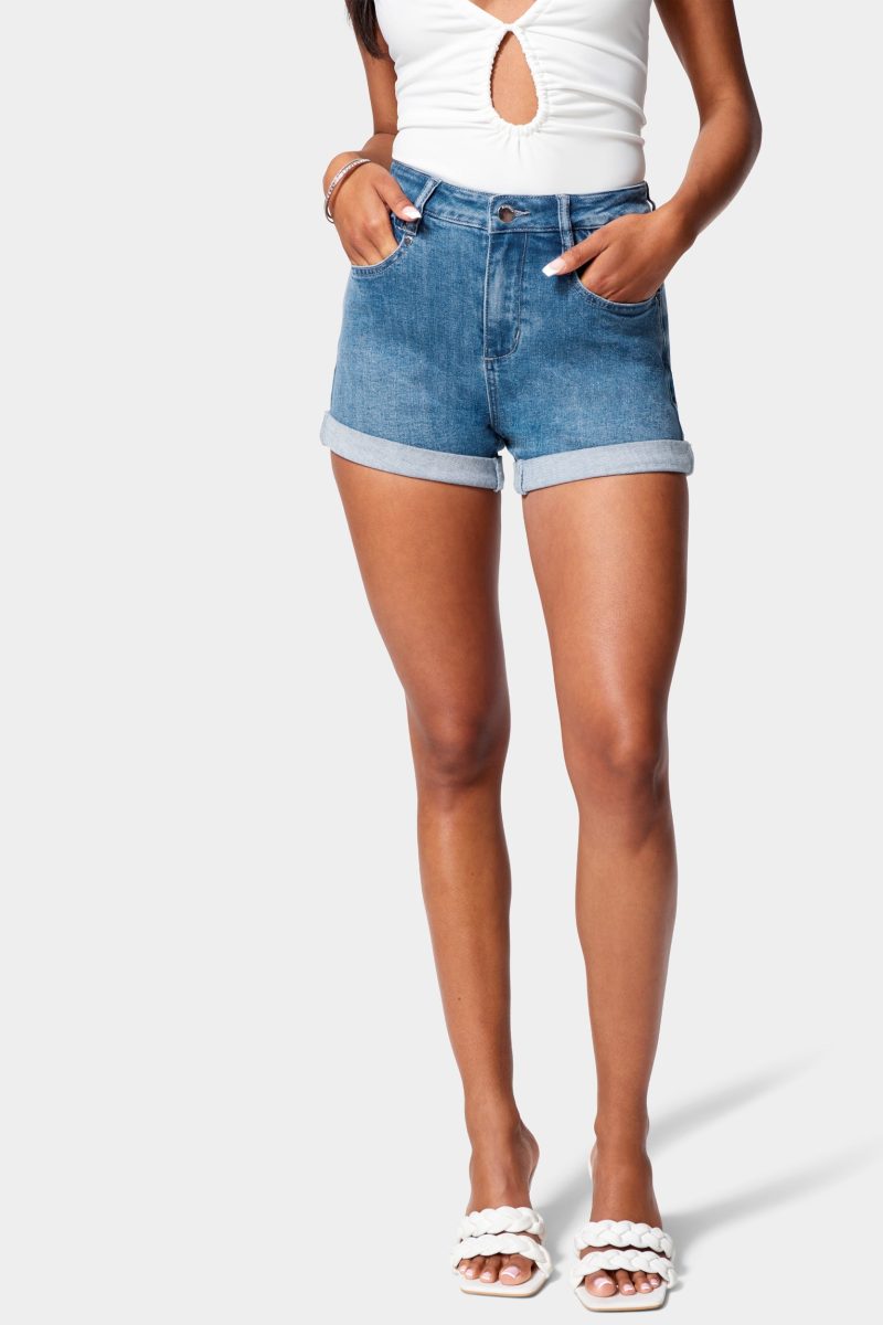 Cuffed Hem Side Elastic Denim Short
