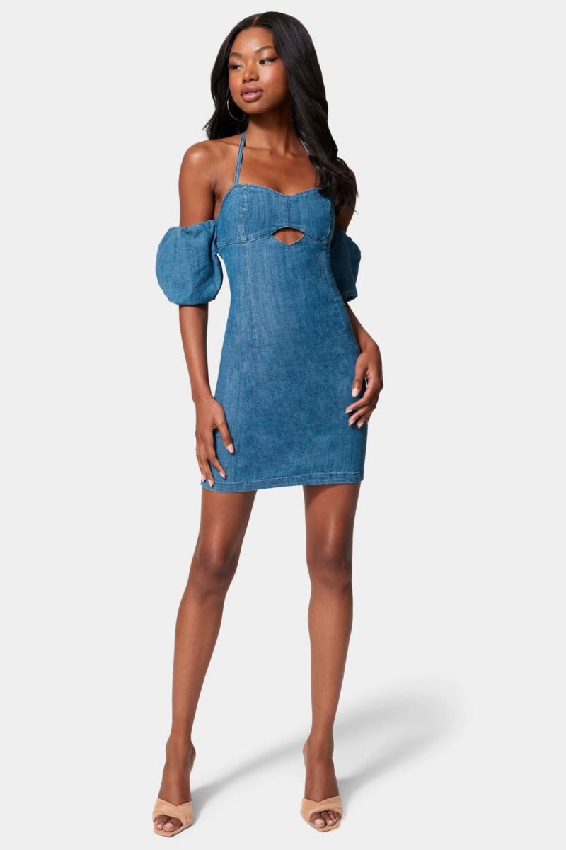 Off Shoulder Bubble Sleeve Denim Dress