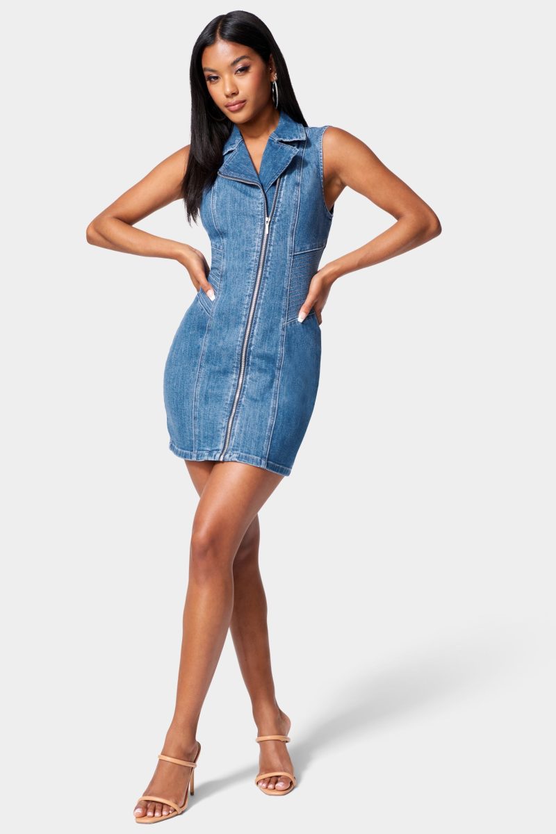 Multi Stitch Asymmetrical Zipper Denim Dress