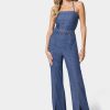Front Slit Belted Wide Leg Denim Jumpsuit