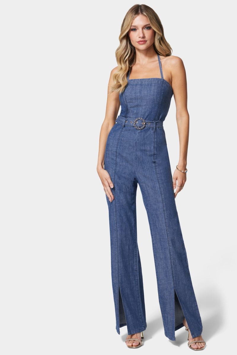 Front Slit Belted Wide Leg Denim Jumpsuit