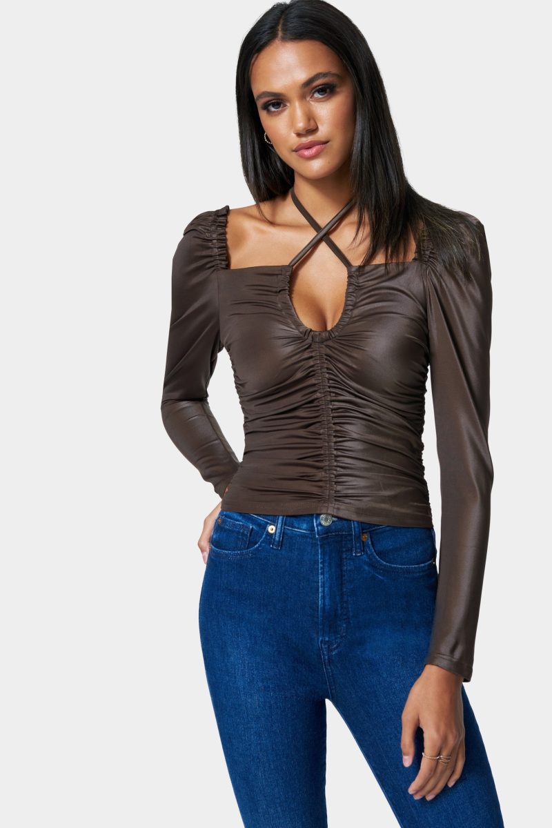Puff Sleeve Coated Ruched Top