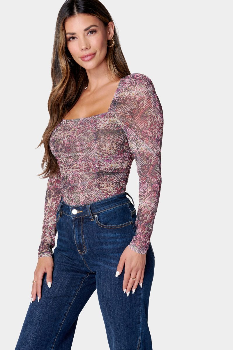 Ruched Mesh Puff Sleeve Bodysuit