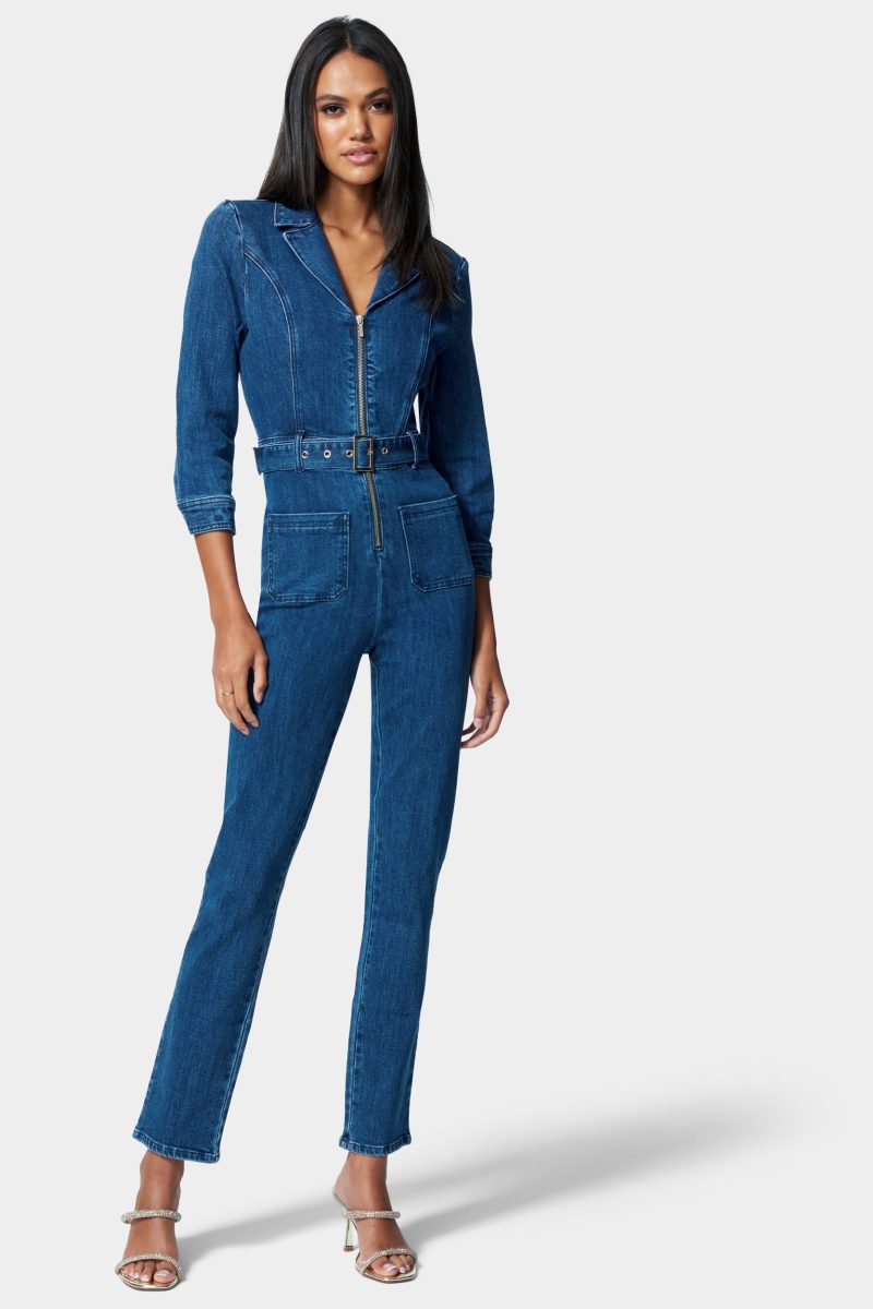 Zip Front Belted Skinny Leg Denim Jumpsuit
