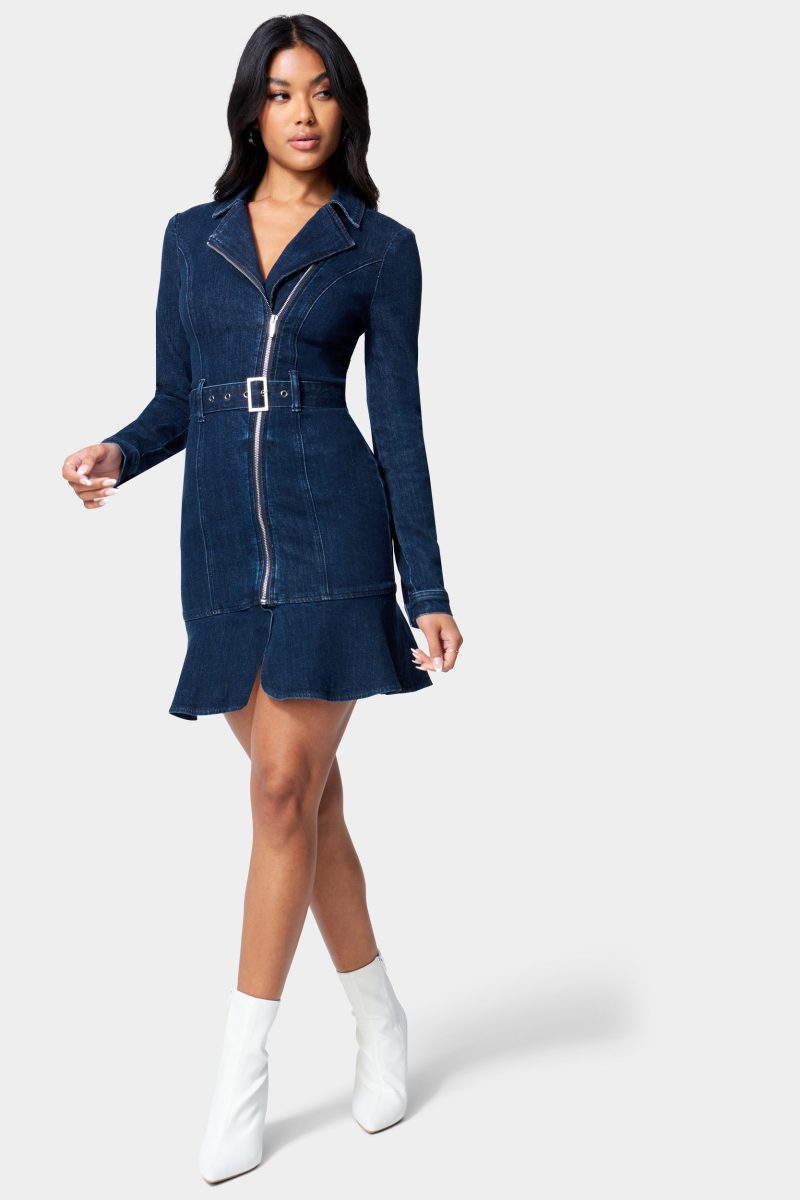 Moto Style Belted Denim Dress