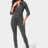 Button Down Belted Slim Denim Jumpsuit