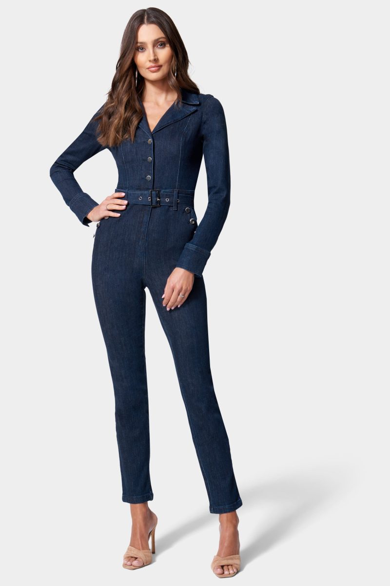 Button Detail Skinny Denim Jumpsuit