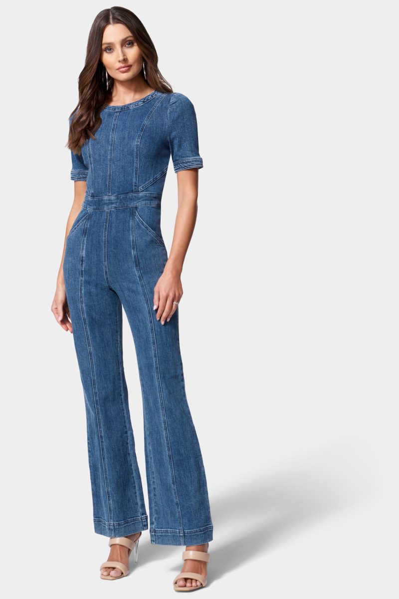 Puff Sleeve Wide Leg Denim Jumpsuit
