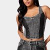 Sequin Trim Denim Bustier Top
