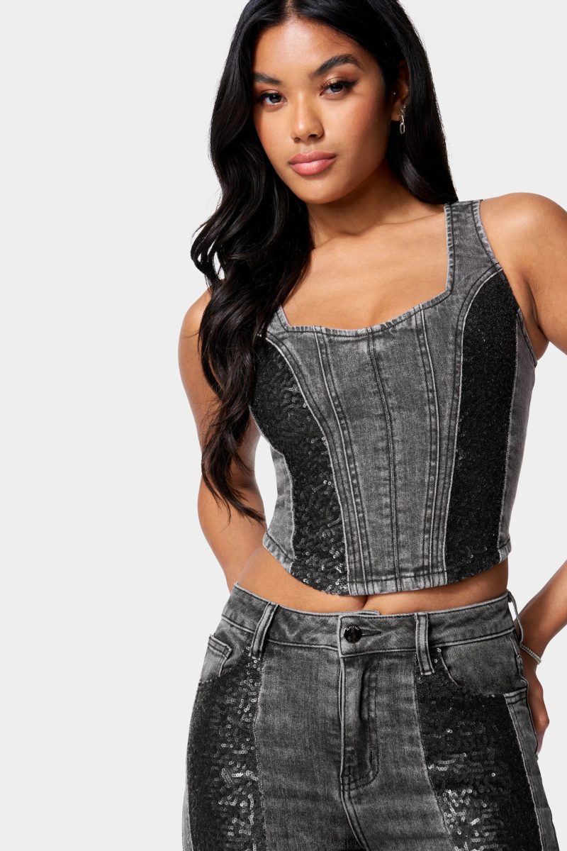 Sequin Trim Denim Bustier Top