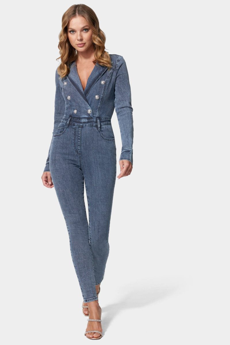 Double Breasted Skinny Leg Denim Jumpsuit