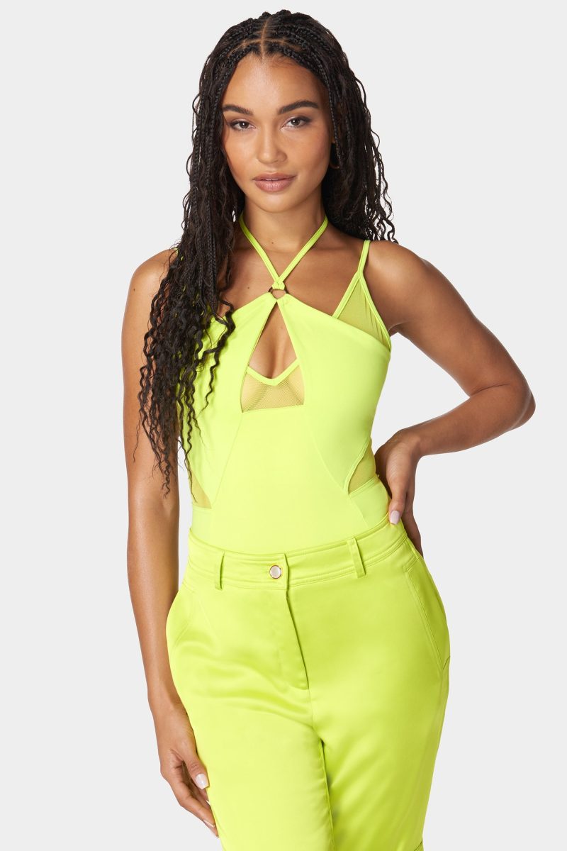 Mesh Combo Strappy Halter Bodysuit