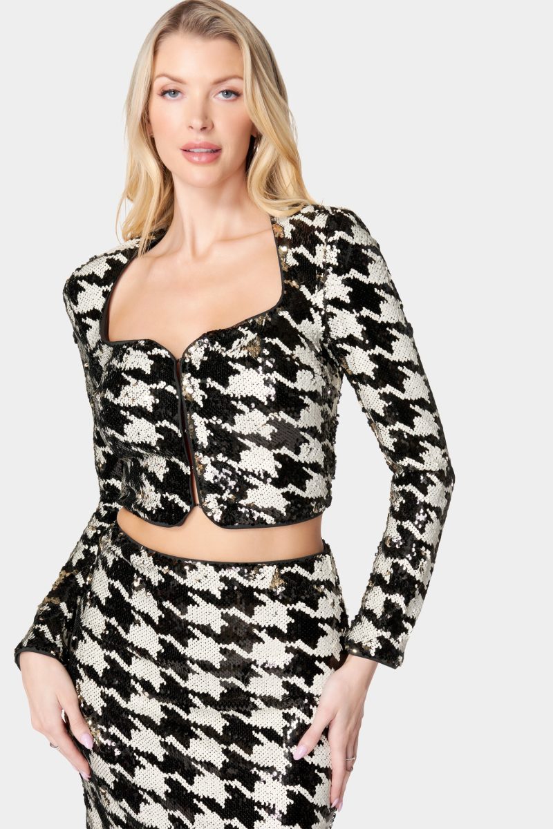 Sequin Houndstooth Notch Front Jacket