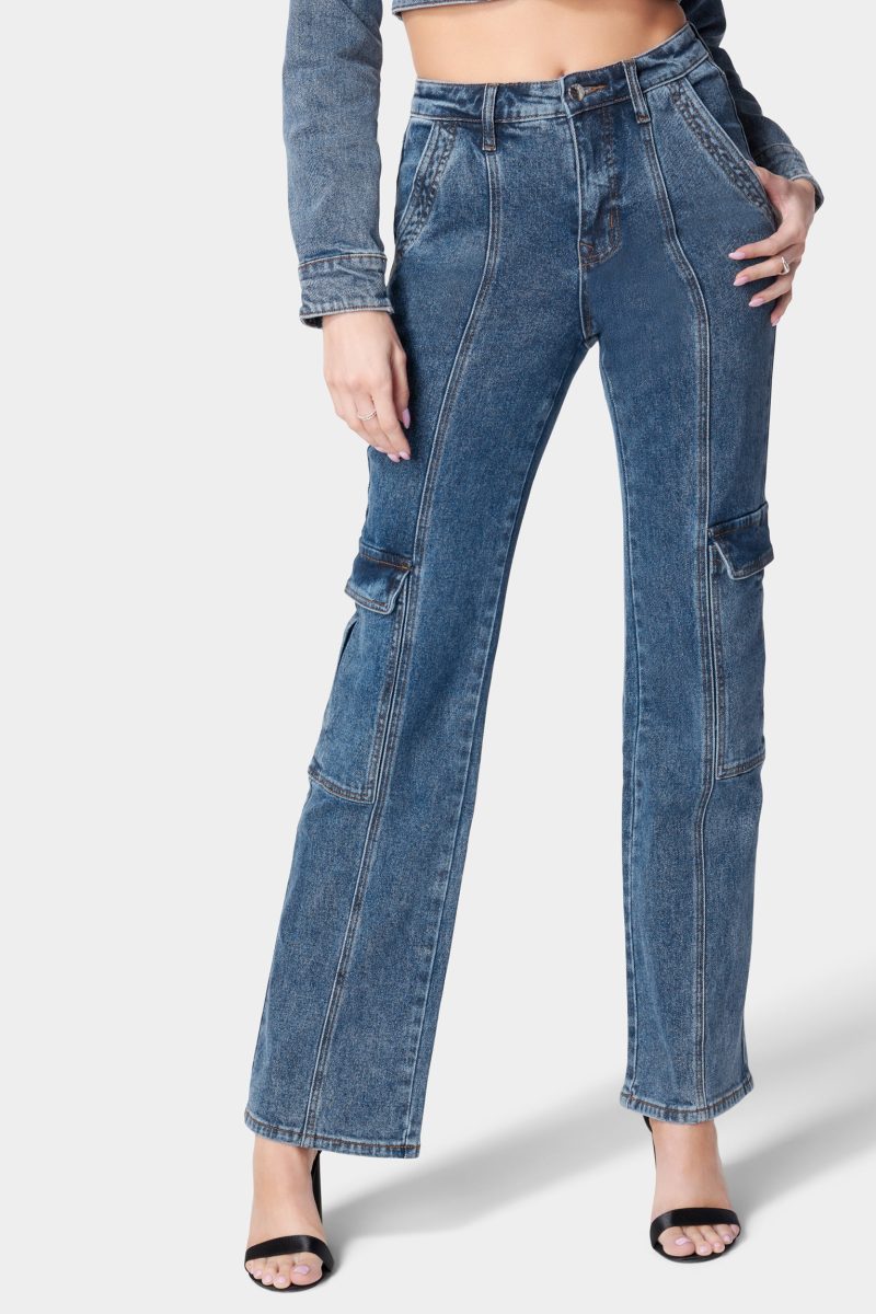 Natural Waist Wide Leg Cargo Denim Jeans