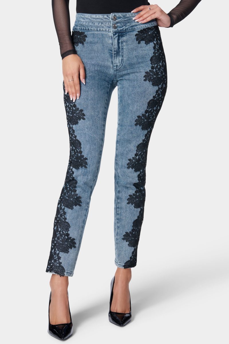 High Waist Lace Applique Slim Leg Denim Jeans