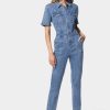Straight Leg Zip Front Denim Jumpsuit
