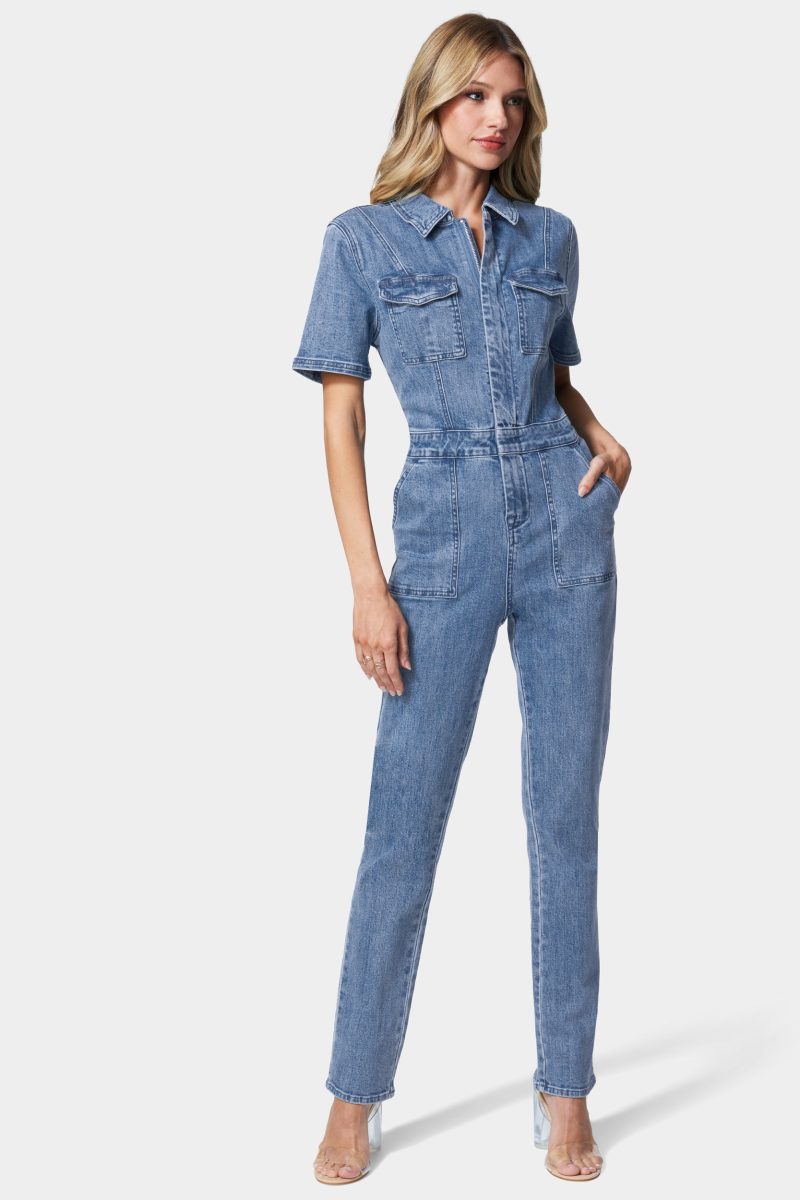 Straight Leg Zip Front Denim Jumpsuit