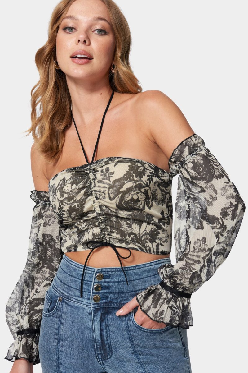 Cropped Puff Sleeve Cinched Blouse