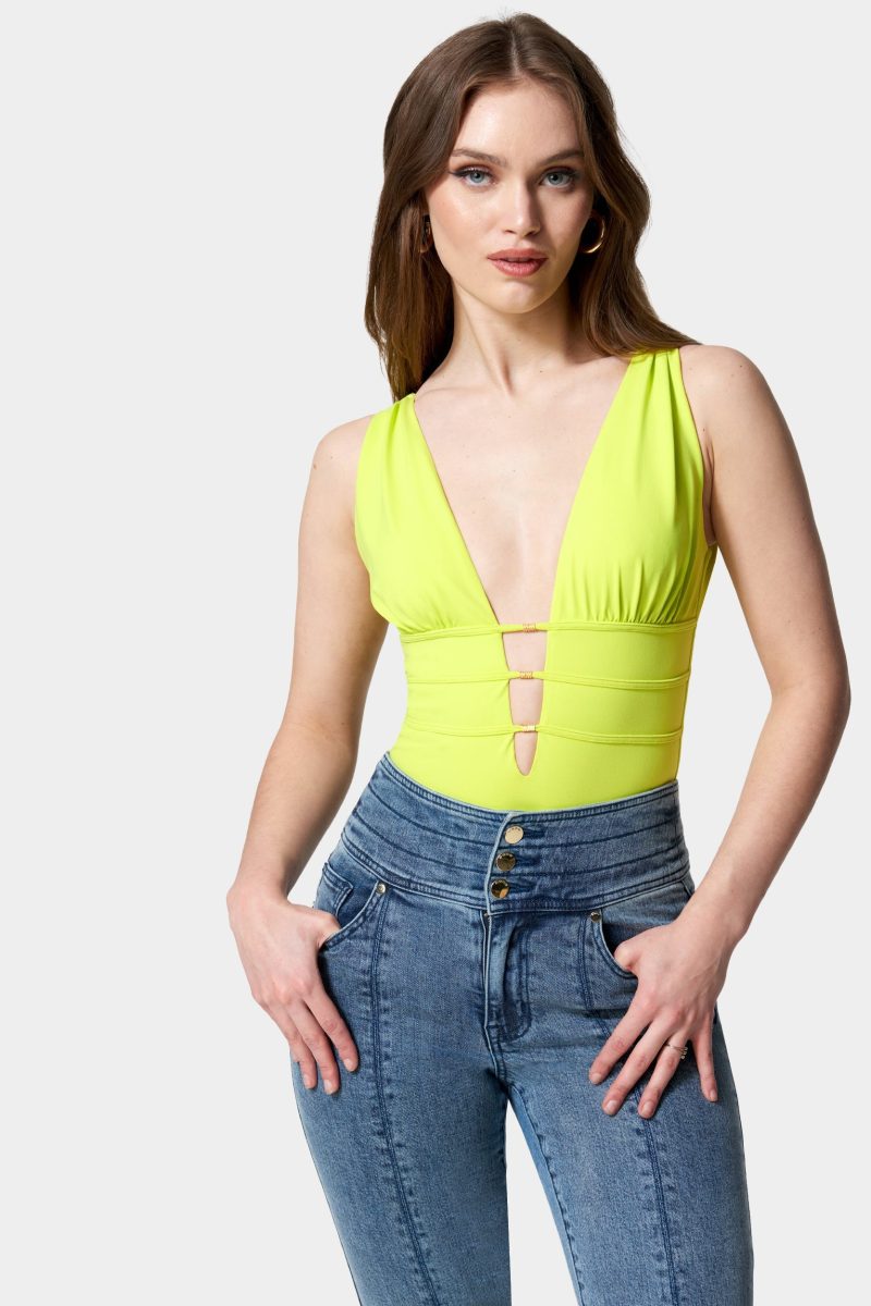 Sleeveless Ruched Deep V Knit Bodysuit