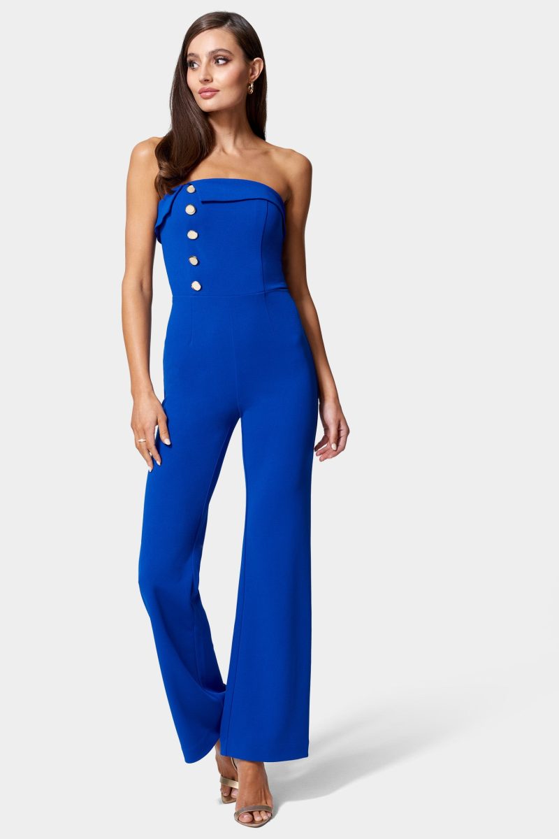Knit Crepe Strapless Button Detail Wide Leg Jumpsuit