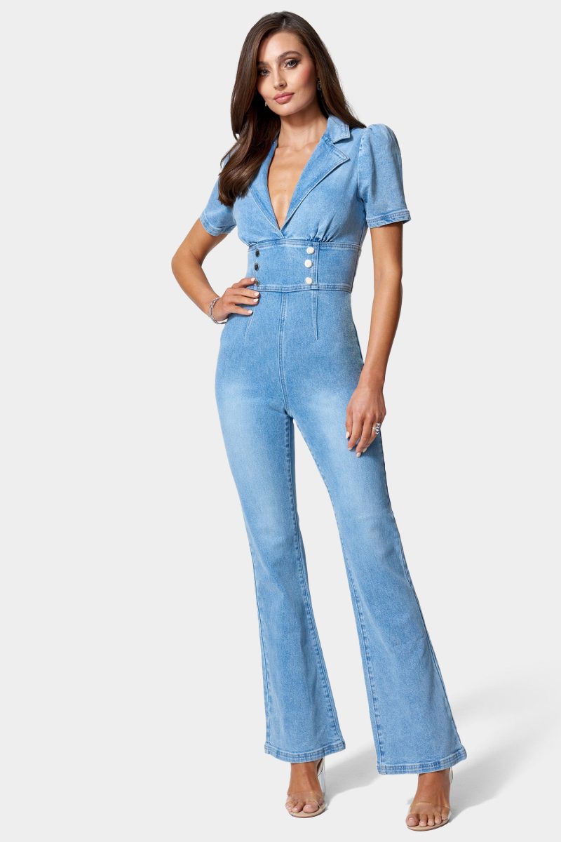 Short Sleeve Notch Collar Wide Leg Denim Jumpsuit