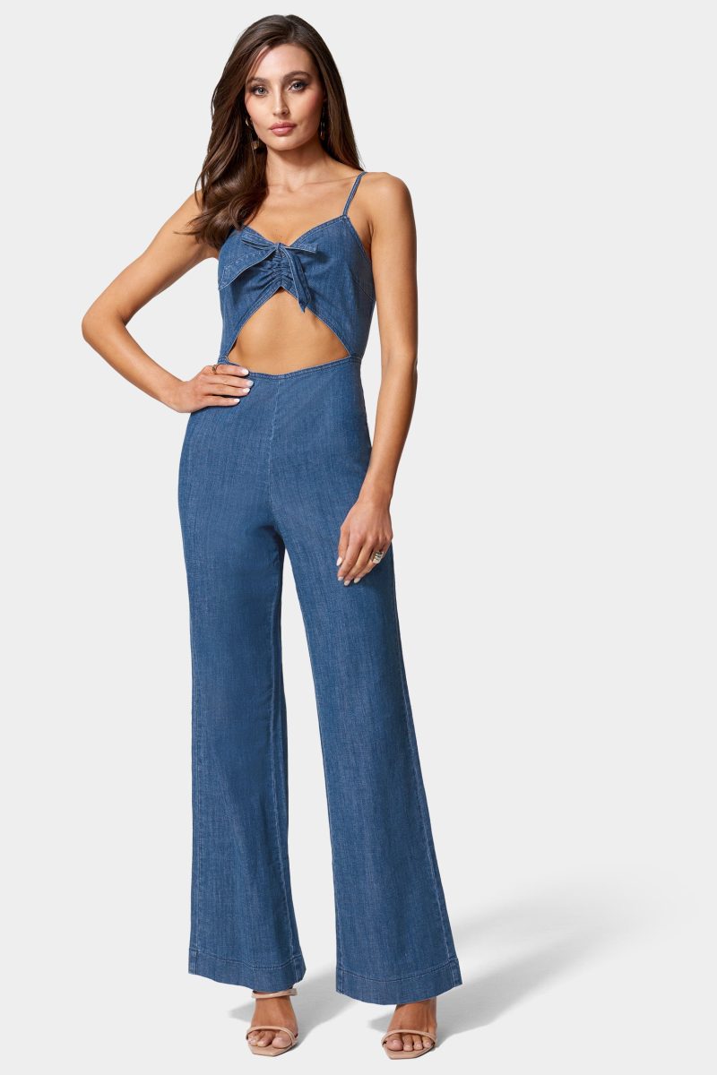 Front Ruched Cut Out Wide Leg Lightweight Denim Jumpsuit