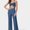 Front Ruched Cut Out Wide Leg Lightweight Denim Jumpsuit