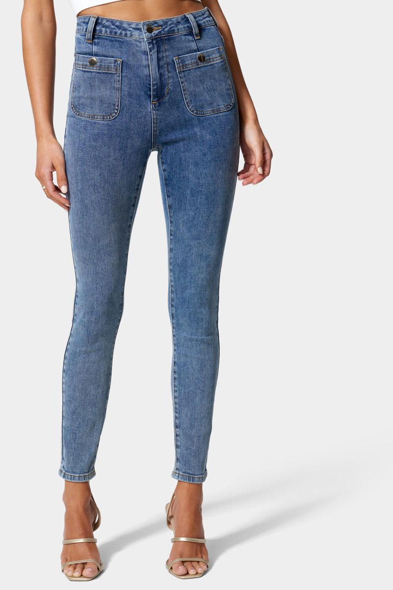 High Waist Patch Pocket Skinny Leg Jeans