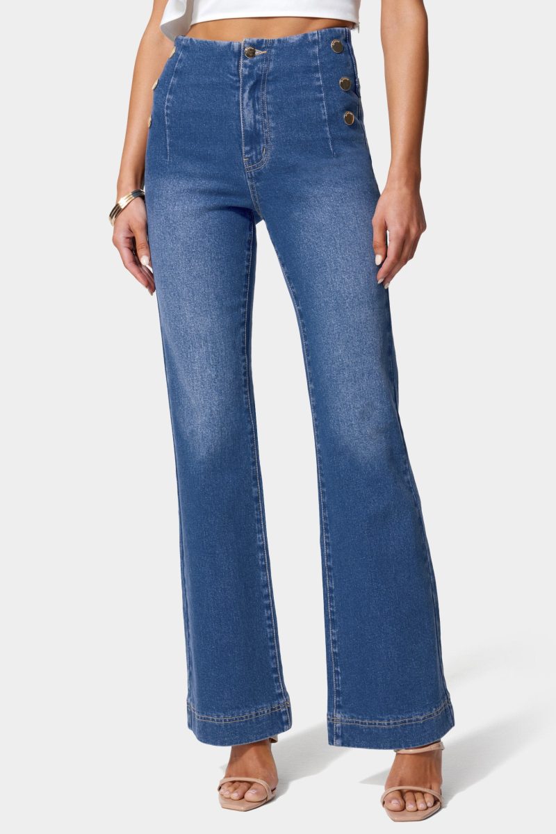 High Waist Button Detail Wide Leg Jeans