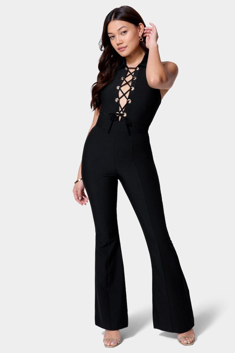 Satin Twill Sleeveless Eyelet Detail Wide Leg Jumpsuit
