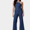 Asymmetric Neckline Wide Leg Lightweight Denim Jumpsuit