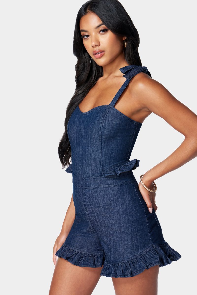 Tie Strap Ruffle Detail Denim Romper
