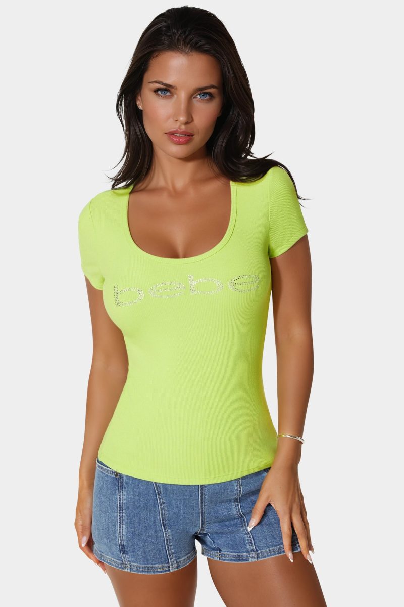 Bebe Logo Short Sleeve Round Neck Rib Top