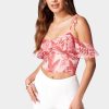 Cold Shoulder Spaghetti Strap Ties Ruffle Top