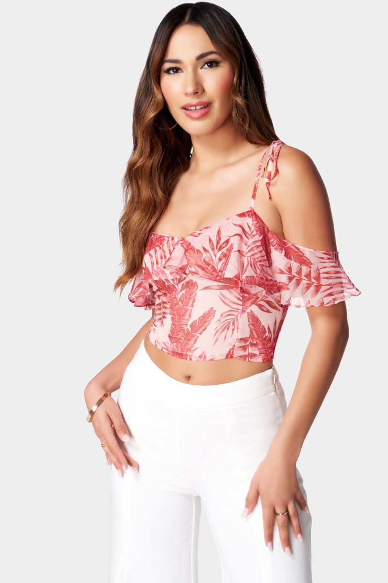 Cold Shoulder Spaghetti Strap Ties Ruffle Top