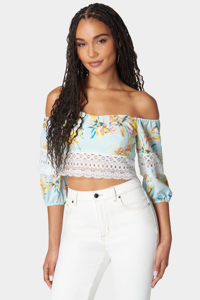 Off Shoulder Crochet Lace Detail Linen Top