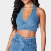 Deep V Neck Cropped Halter Denim Top
